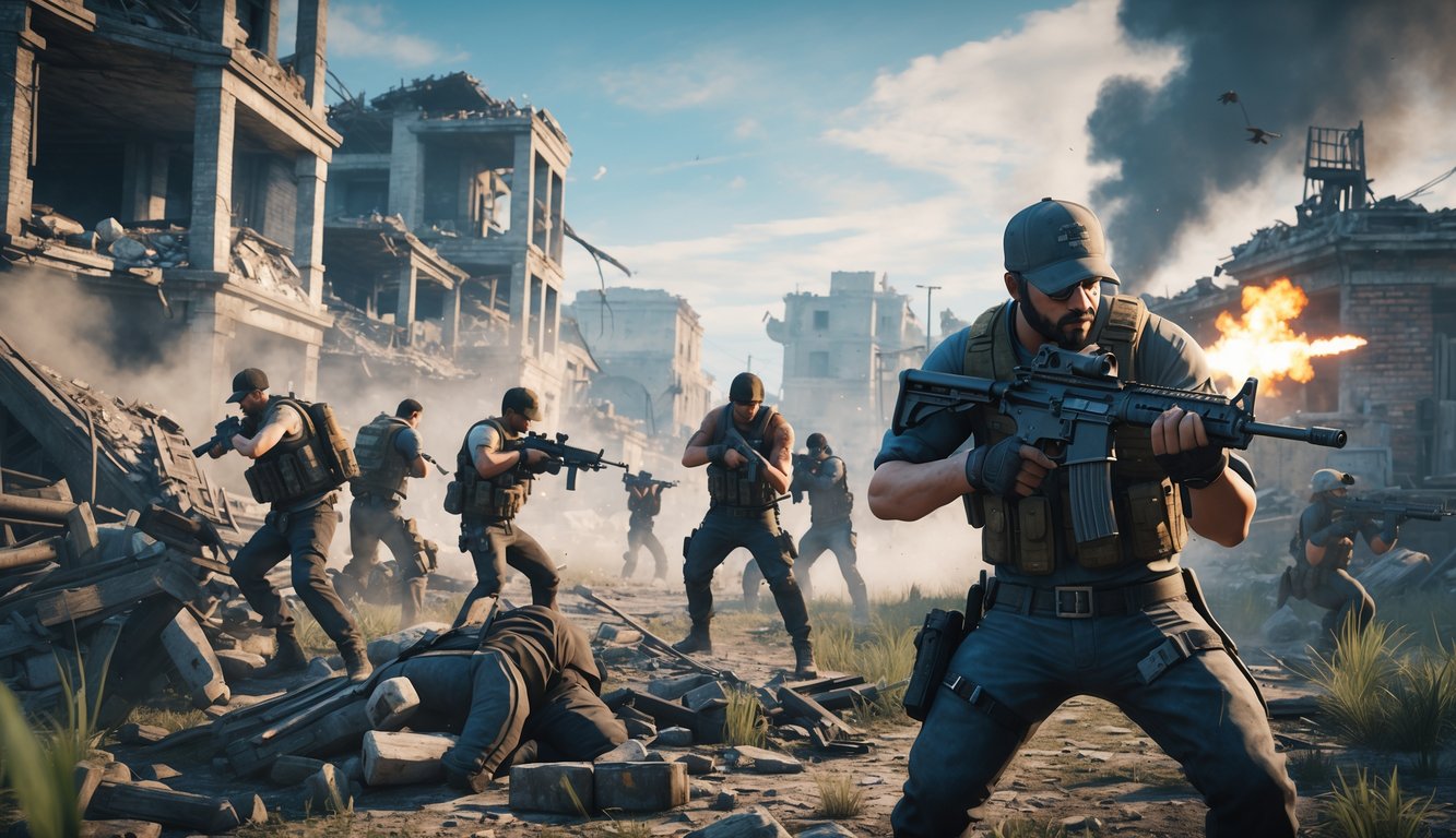 Adegan pertempuran karakter bersenjata di lingkungan perkotaan yang rusak dalam permainan PlayerUnknown's Battlegrounds.