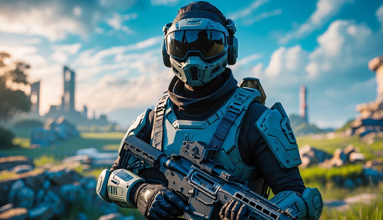 Seorang pemain bersenjata lengkap berdiri di medan pertempuran futuristik dengan latar belakang reruntuhan kota dan alam hijau.