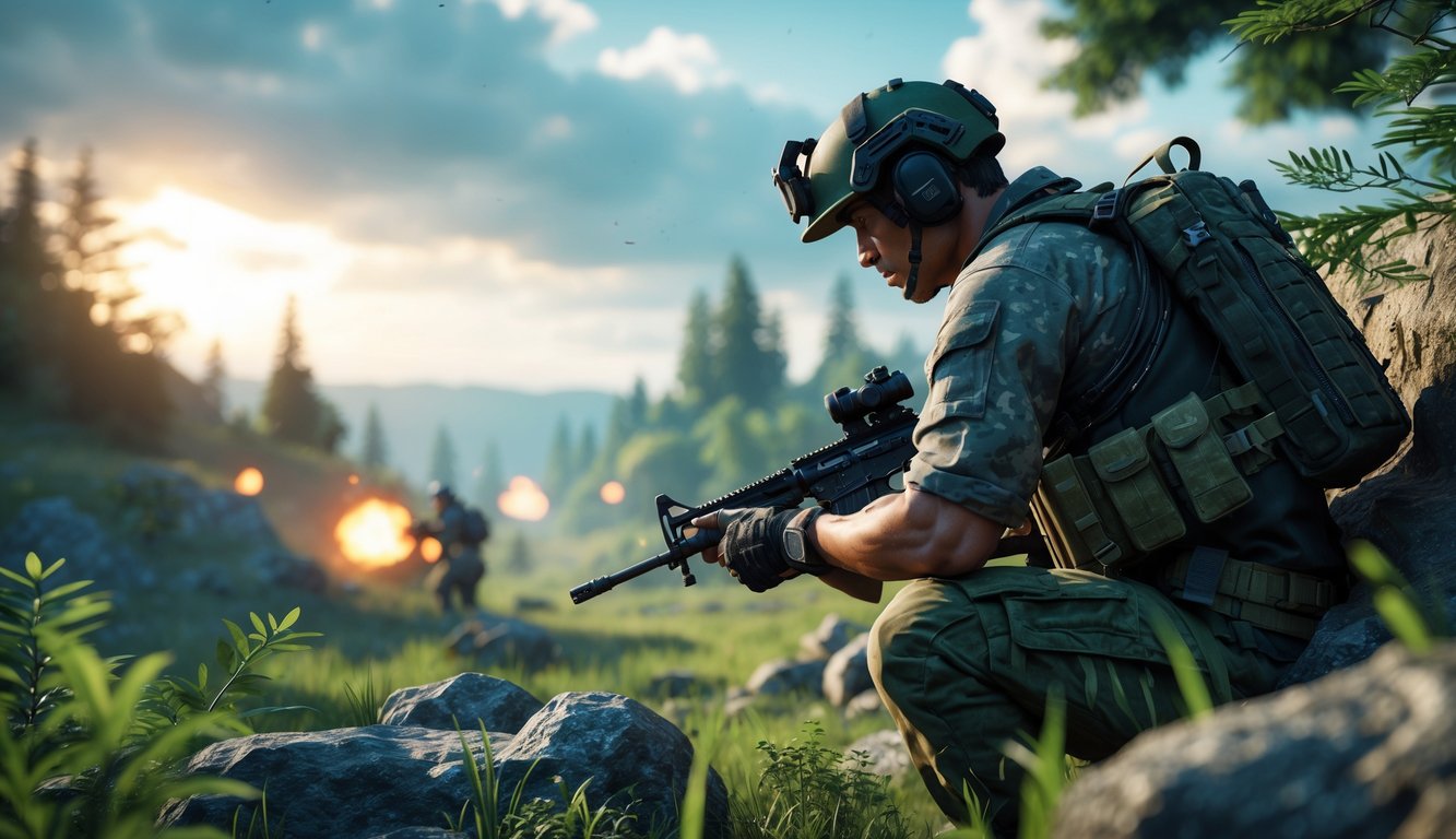 Seorang prajurit berpakaian tempur berjongkok di balik batu dengan hutan dan langit dramatis di latar belakang.