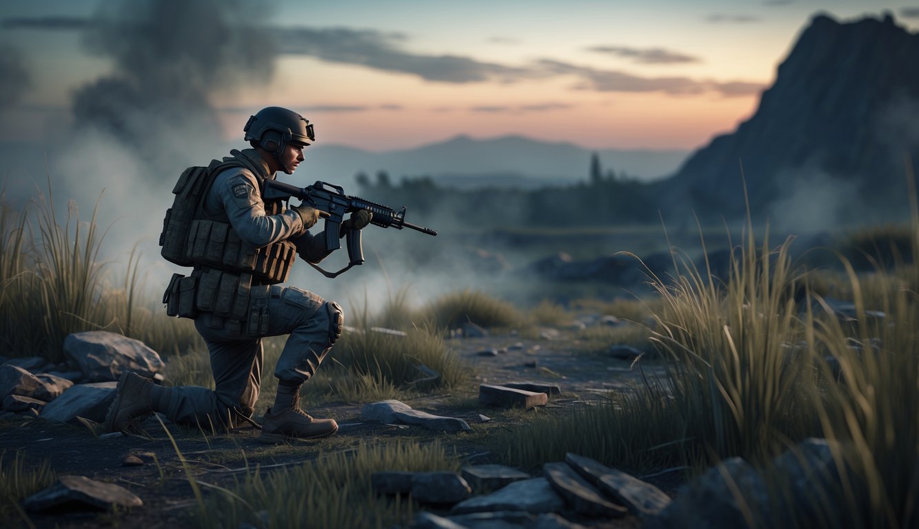 Seorang tentara bertempur berdiri di tengah medan perang dengan latar pegunungan dan langit senja.