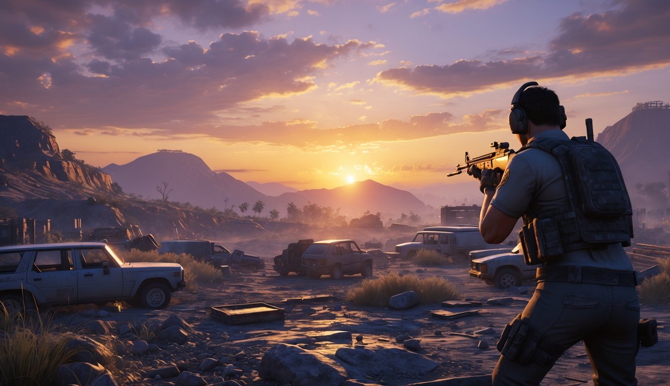 Pemandangan medan pertempuran dengan seorang pemain bersenjata di latar belakang matahari terbenam.