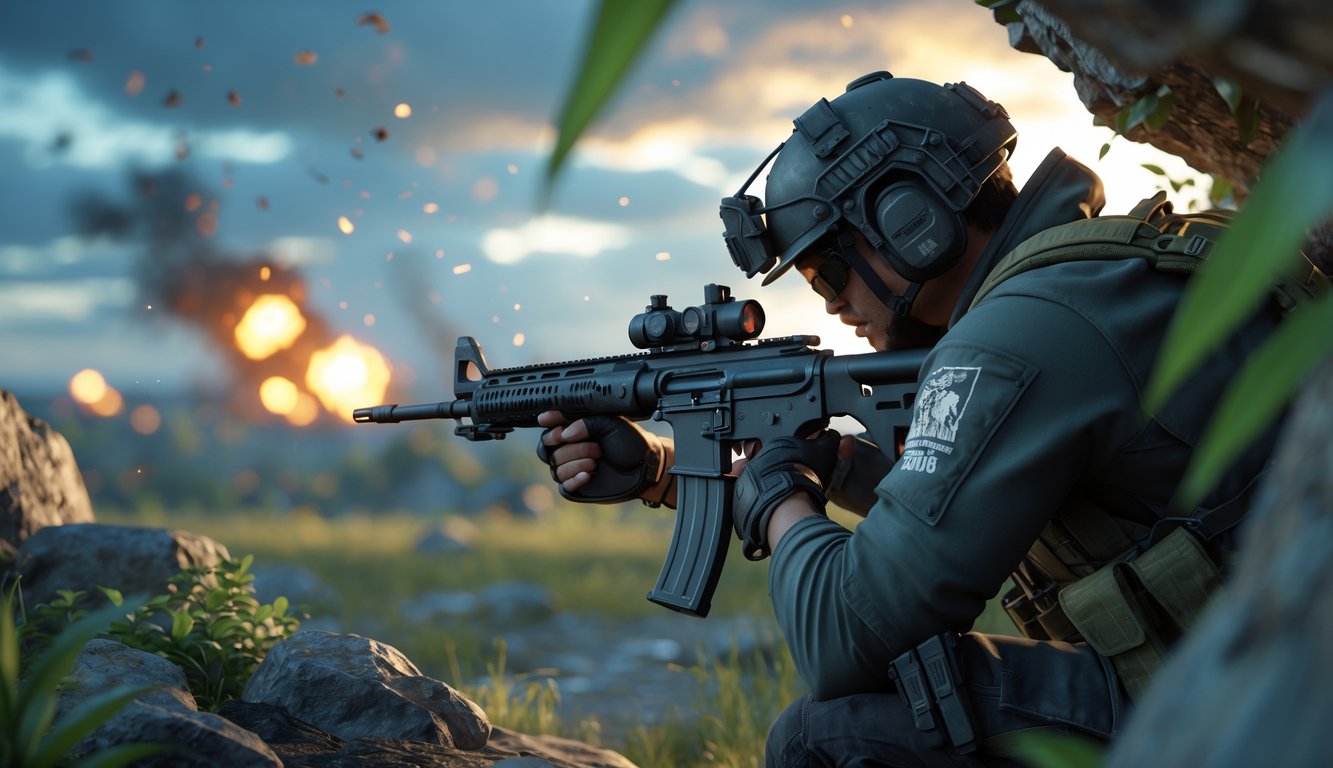 Seorang pemain PlayerUnknown’s Battlegrounds mengenakan perlengkapan tempur lengkap sedang membidik senjata di medan perang terbuka dengan latar belakang asap dan reruntuhan.