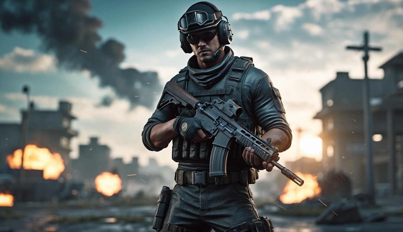 Seorang karakter PlayerUnknown's Battlegrounds mengenakan perlengkapan militer lengkap sedang siap bertempur di lingkungan perkotaan yang hancur dengan asap dan reruntuhan di sekitar.
