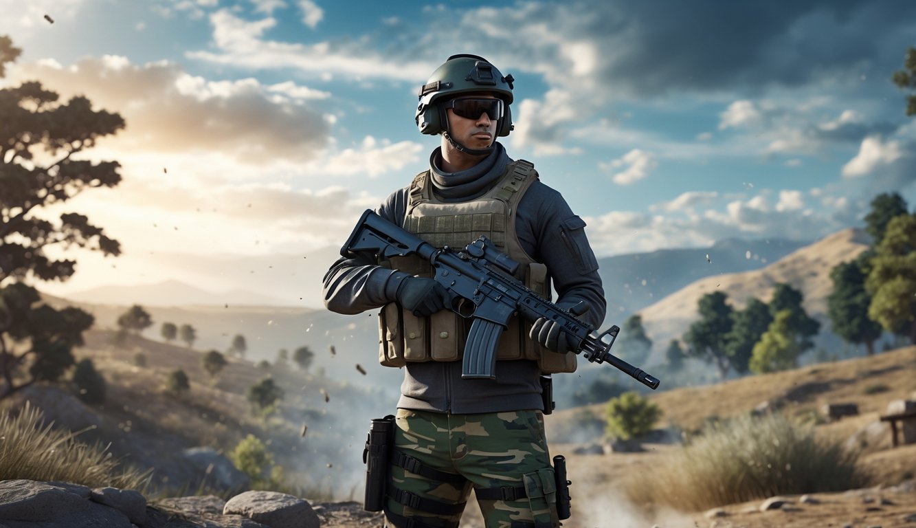 Seorang tentara berpakaian militer lengkap berdiri di lingkungan alam terbuka dengan latar belakang perbukitan dan langit berawan.