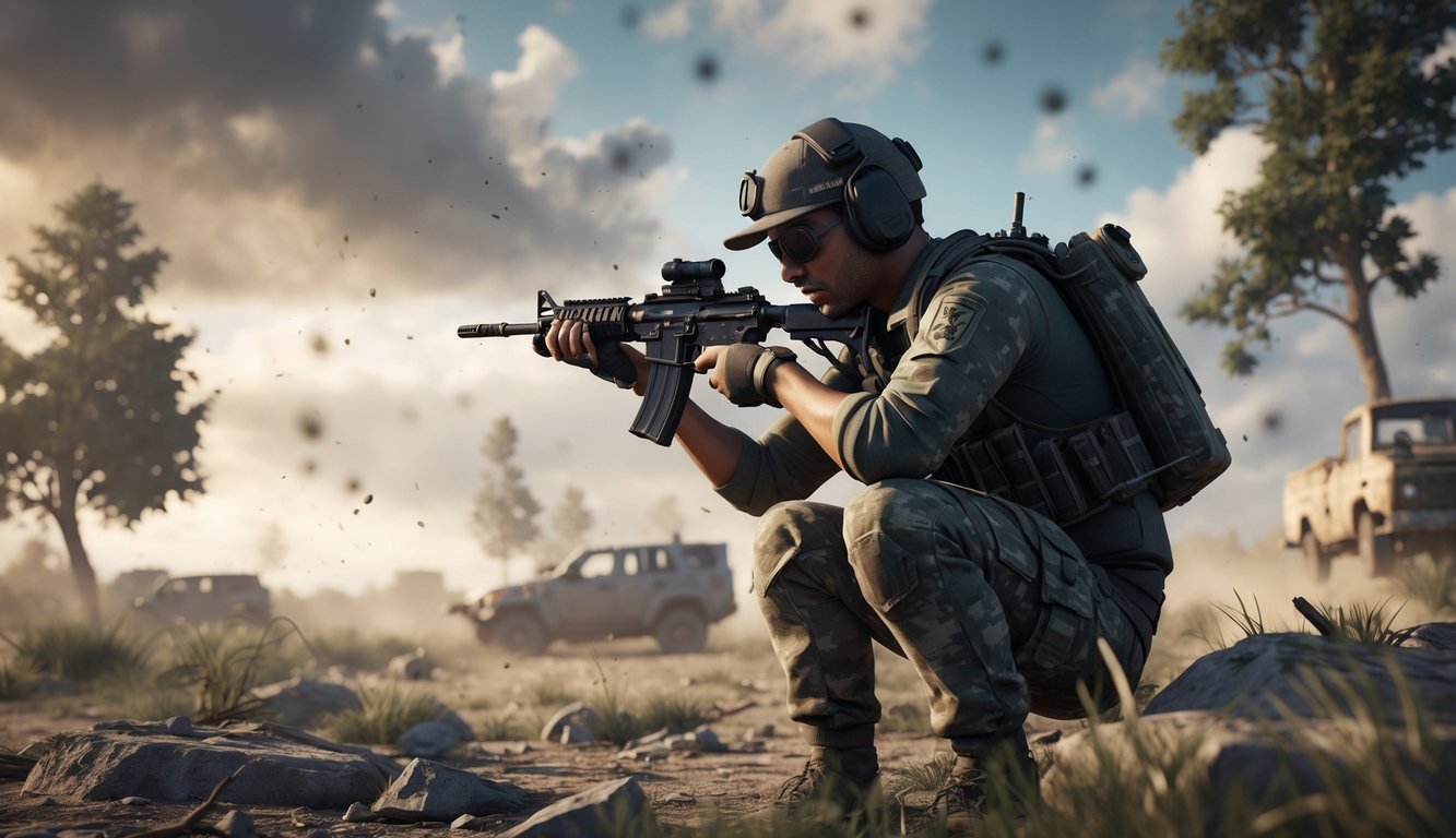 Seorang pemain PUBG mengenakan perlengkapan tempur lengkap sedang berjongkok di balik perlindungan di medan terbuka dengan senapan siap tembak.