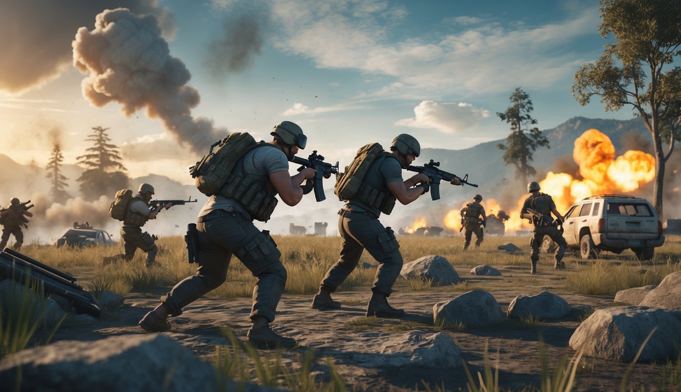 Sekelompok pemain bersenjata lengkap berada di medan pertempuran terbuka dengan latar pegunungan dan ledakan di kejauhan.