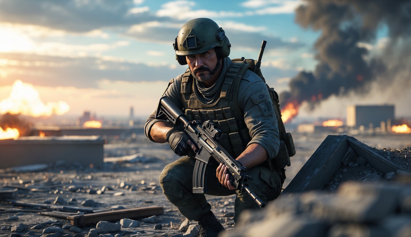 Seorang tentara bersenjata berjongkok di balik perlindungan di medan perang yang rusak dengan latar belakang ledakan dan asap.