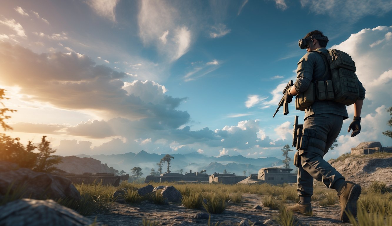 Seorang prajurit dengan perlengkapan taktis bergerak hati-hati di medan perang terbuka dengan latar pegunungan dan langit berawan.