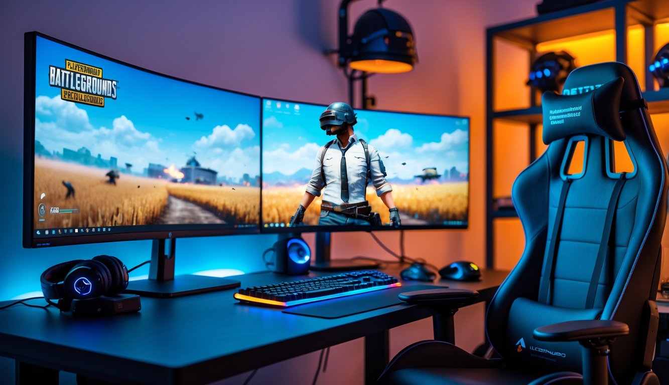 Setup PC gaming modern dengan monitor besar menampilkan permainan PlayerUnknown’s Battlegrounds, keyboard mekanik dengan lampu RGB, dan kursi gaming ergonomis di ruangan yang rapi.