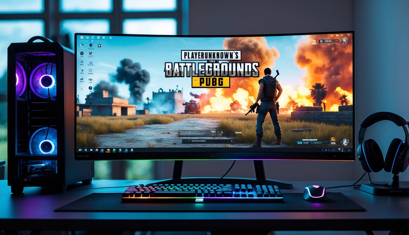 Sebuah setup komputer gaming modern dengan layar menampilkan latar belakang bertema PlayerUnknown’s Battlegrounds yang penuh aksi.