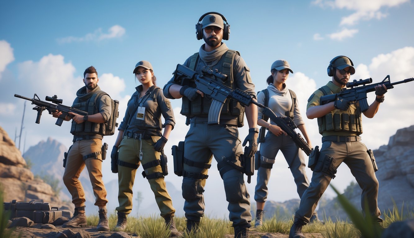 Beberapa karakter dengan perlengkapan tempur dan senjata di medan perang terbuka yang dramatis.