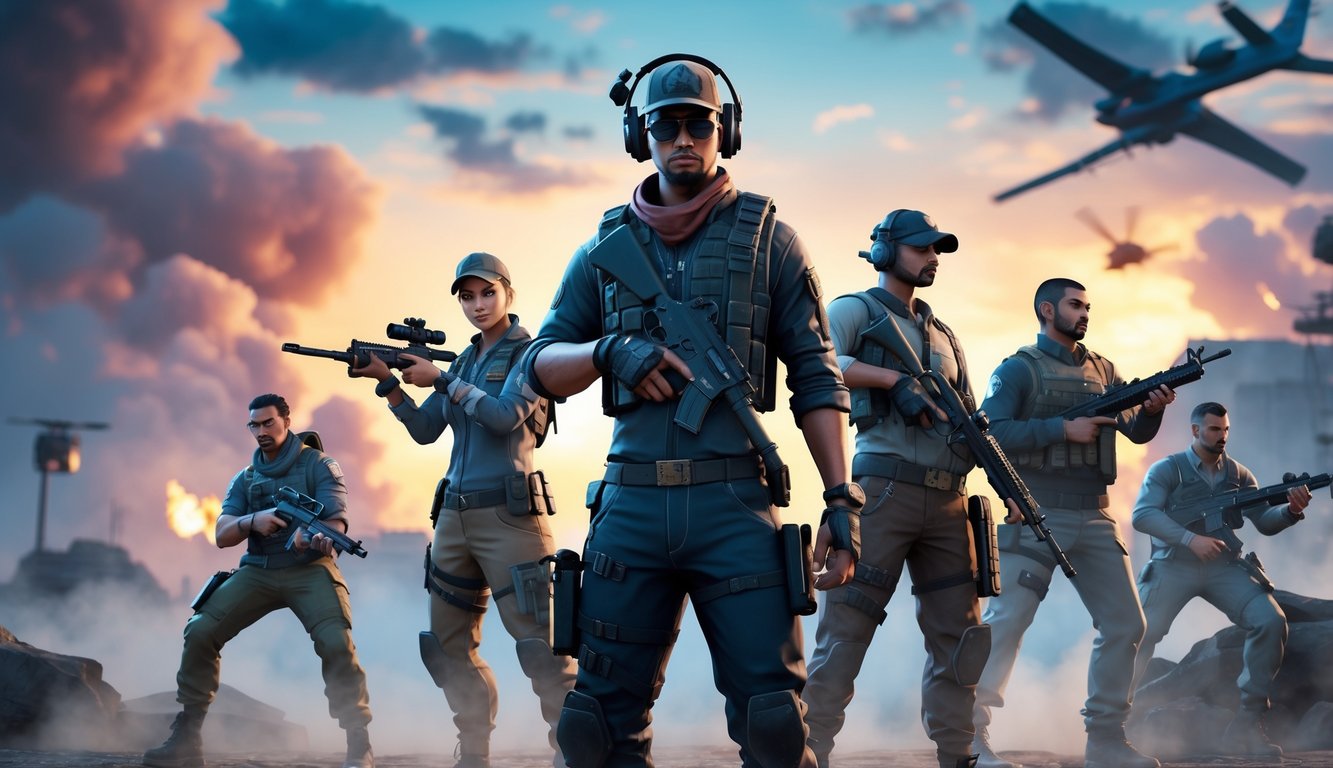 Beberapa karakter PUBG dengan perlengkapan tempur lengkap dan senjata populer di latar medan perang yang dramatis saat senja.