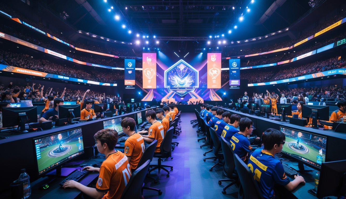 Arena esports besar dengan pemain dan penonton yang antusias sedang mengikuti turnamen Mobile Legends tahun 2026.