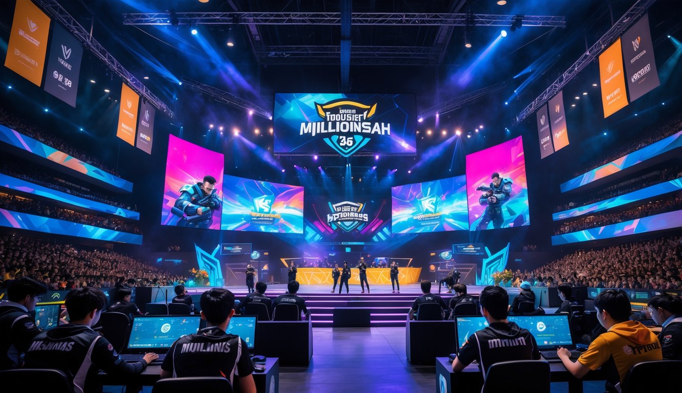 Suasana turnamen Mobile Legends besar dengan pemain yang fokus bermain dan penonton yang antusias di arena esports.