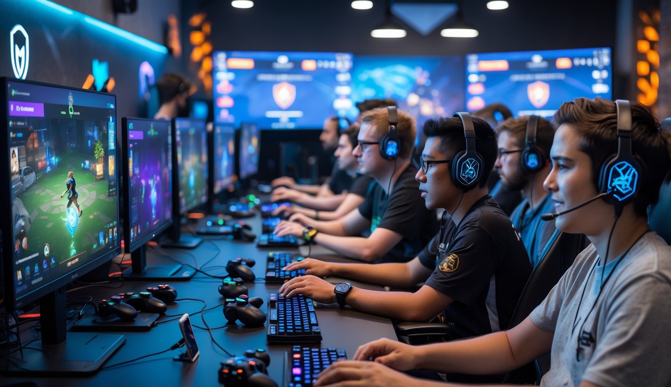 Sekelompok orang dari berbagai usia bermain turnamen Mobile Legends online di ruangan gaming dengan komputer dan perangkat permainan.