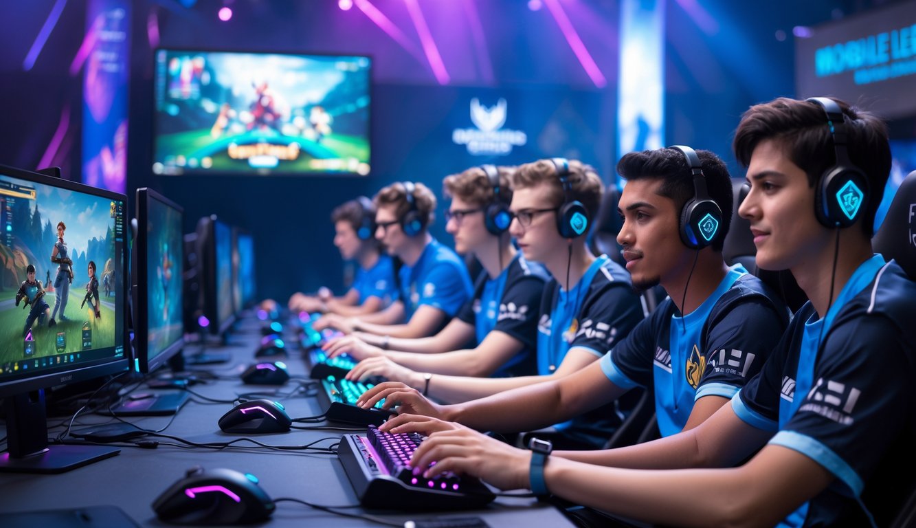 Beberapa orang muda sedang bermain game Mobile Legends di sebuah turnamen esports dengan komputer dan pencahayaan warna-warni.