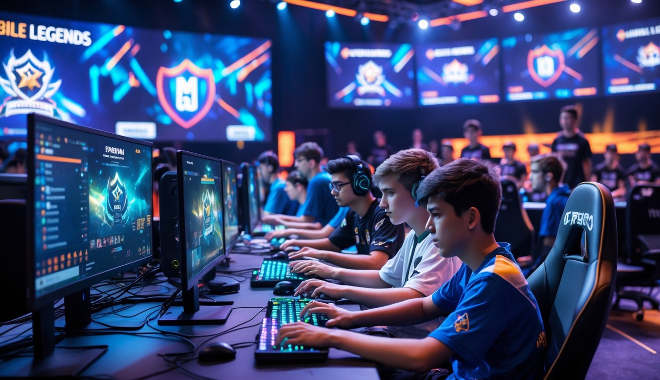 Sekelompok pemain muda sedang bermain turnamen Mobile Legends di arena esports dengan layar besar dan penonton.