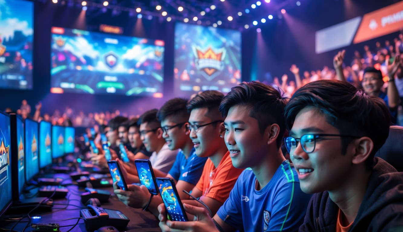 Sekelompok pemain muda bermain Mobile Legends di arena turnamen dengan layar besar dan penonton yang antusias.
