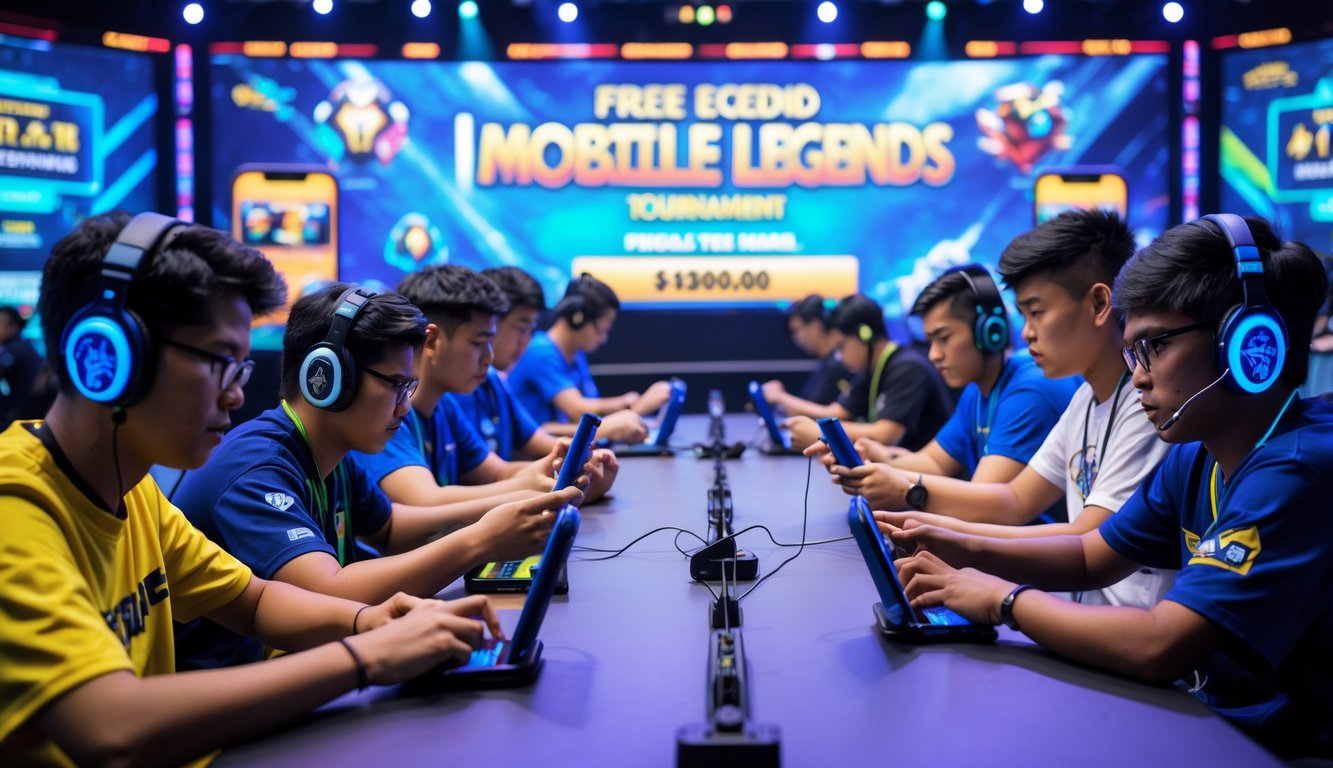 Sekelompok orang muda bermain Mobile Legends dengan serius di sebuah ruangan game modern yang terang, menunjukkan suasana turnamen yang kompetitif dan menyenangkan.
