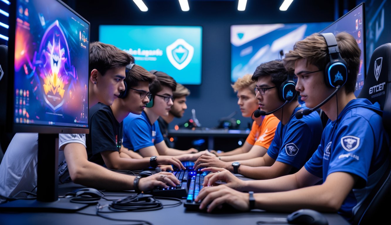 Sekelompok pria muda sedang bermain dan berdiskusi bersama dalam turnamen Mobile Legends di ruang game dengan peralatan gaming lengkap.