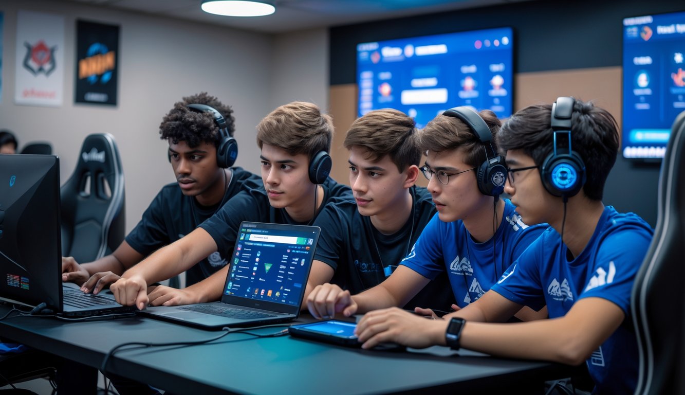 Sekelompok pemain esports muda sedang berdiskusi dan merencanakan strategi di sekitar meja dengan perangkat gaming.