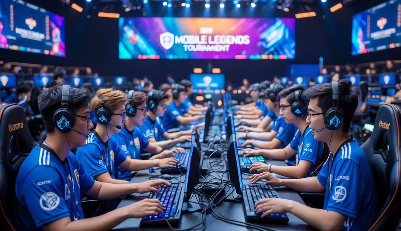 Suasana turnamen esports Mobile Legends dengan pemain yang serius bermain di arena gaming modern penuh lampu warna-warni dan layar besar menampilkan grafik permainan.