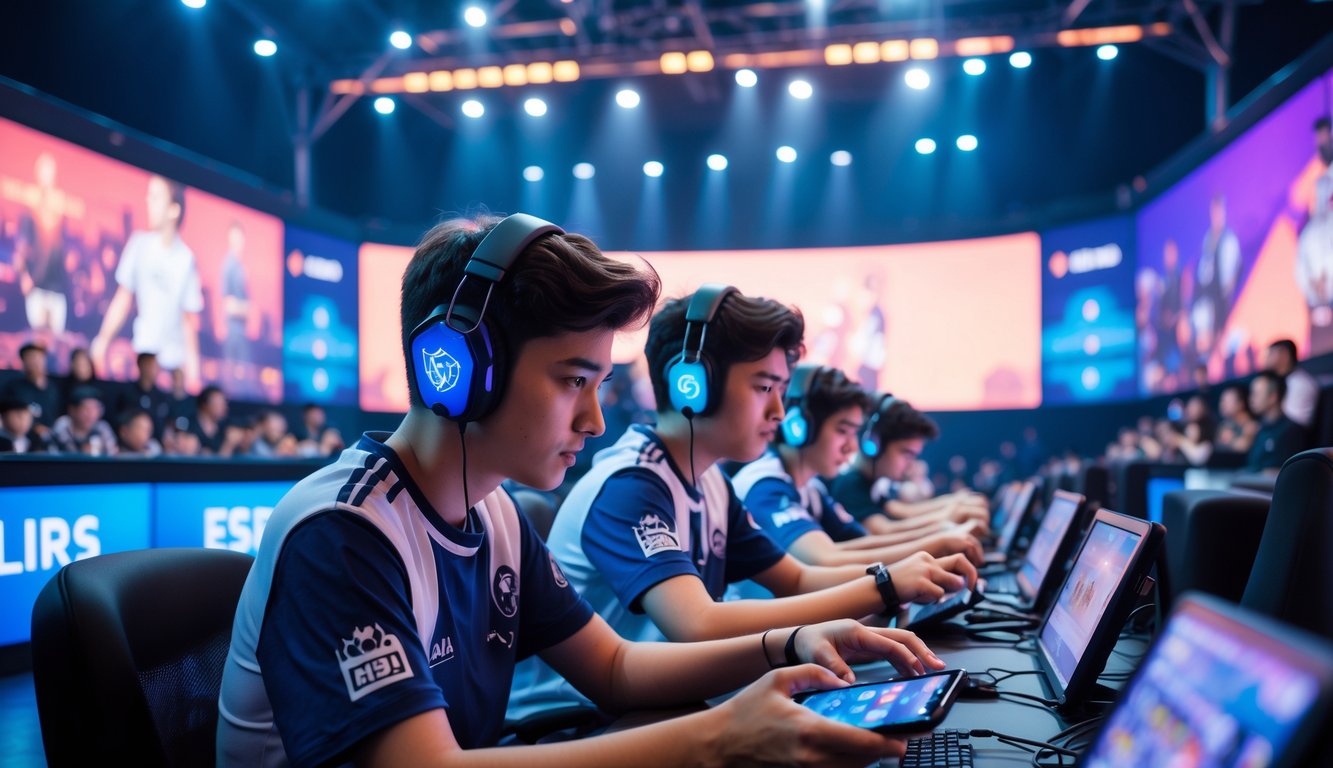 Suasana turnamen esports Mobile Legends dengan pemain muda fokus bermain di perangkat mereka dan penonton antusias di latar belakang.