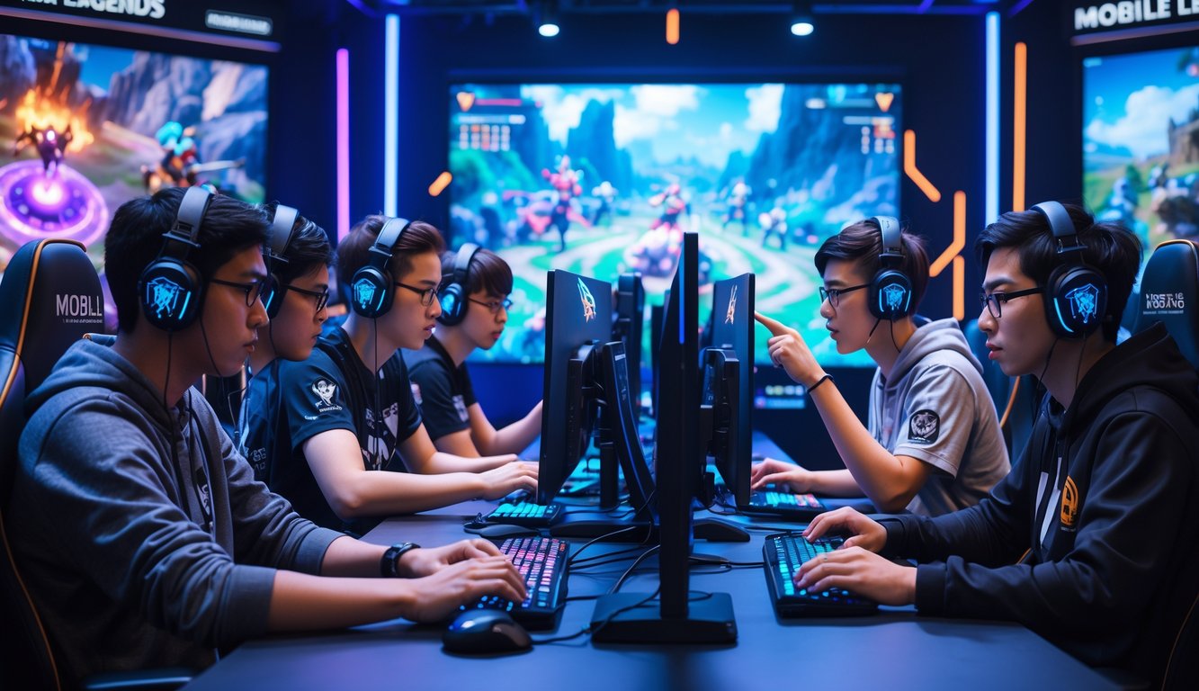 Lima pemain esports fokus bermain Mobile Legends dalam turnamen 5v5 dengan layar besar menampilkan permainan di latar belakang.