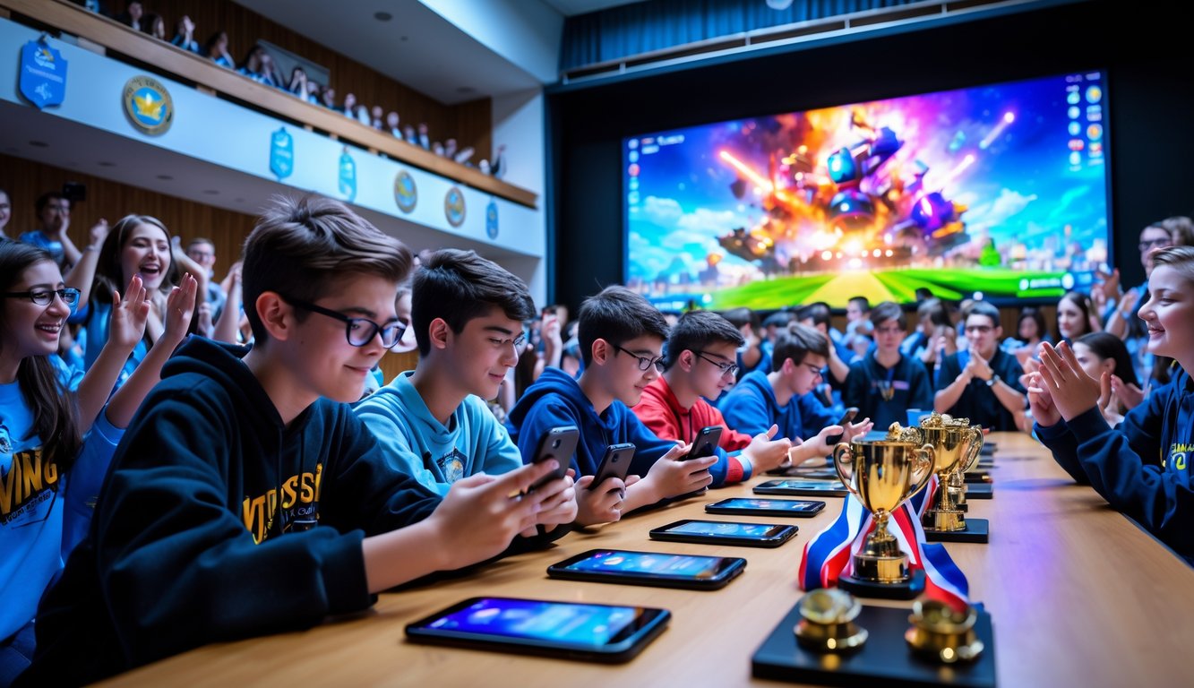 Sekelompok pelajar sedang bermain Mobile Legends dalam turnamen antar sekolah dengan penonton yang mendukung dan hadiah di meja samping.