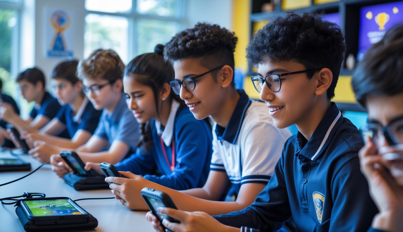 Sekelompok siswa SMA sedang bermain Mobile Legends dalam sebuah kompetisi antar sekolah di ruangan yang terang dan modern.