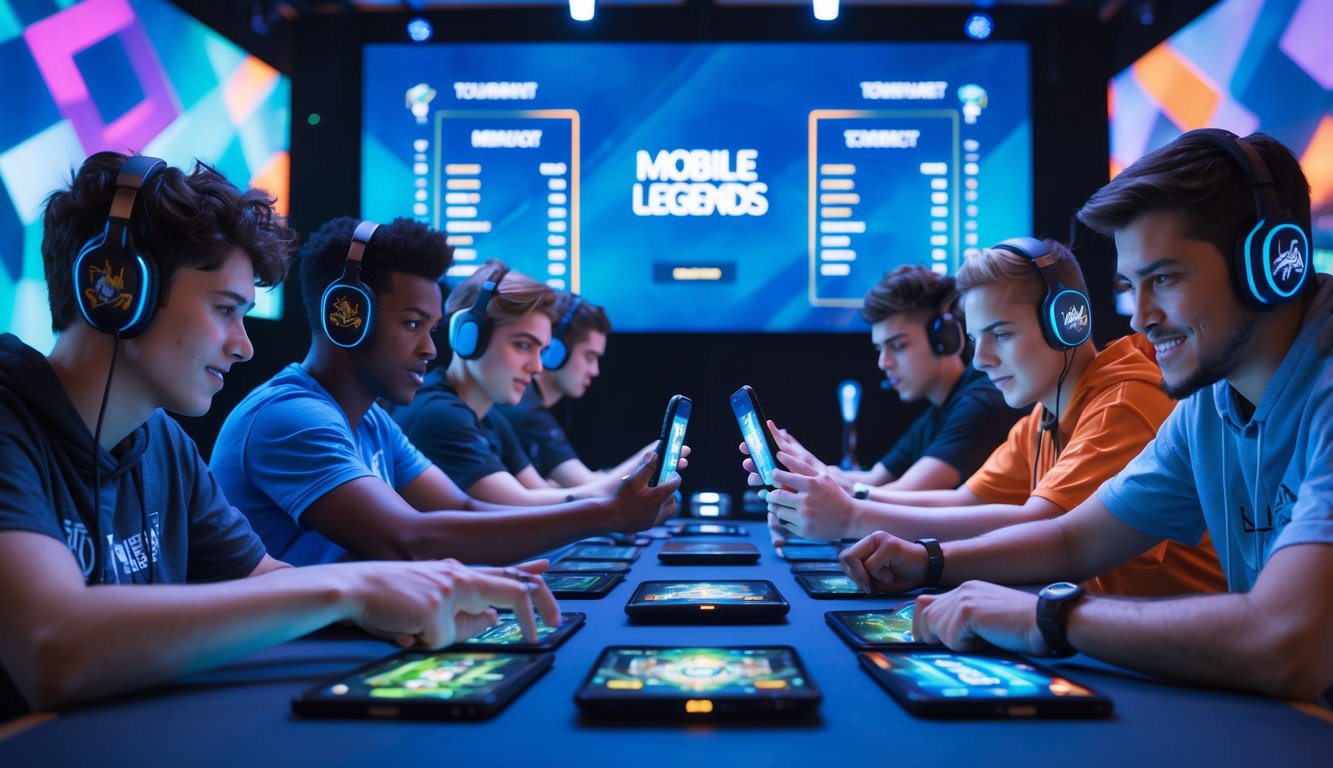 Sekelompok orang muda sedang bermain Mobile Legends bersama di meja dengan suasana turnamen yang penuh semangat.