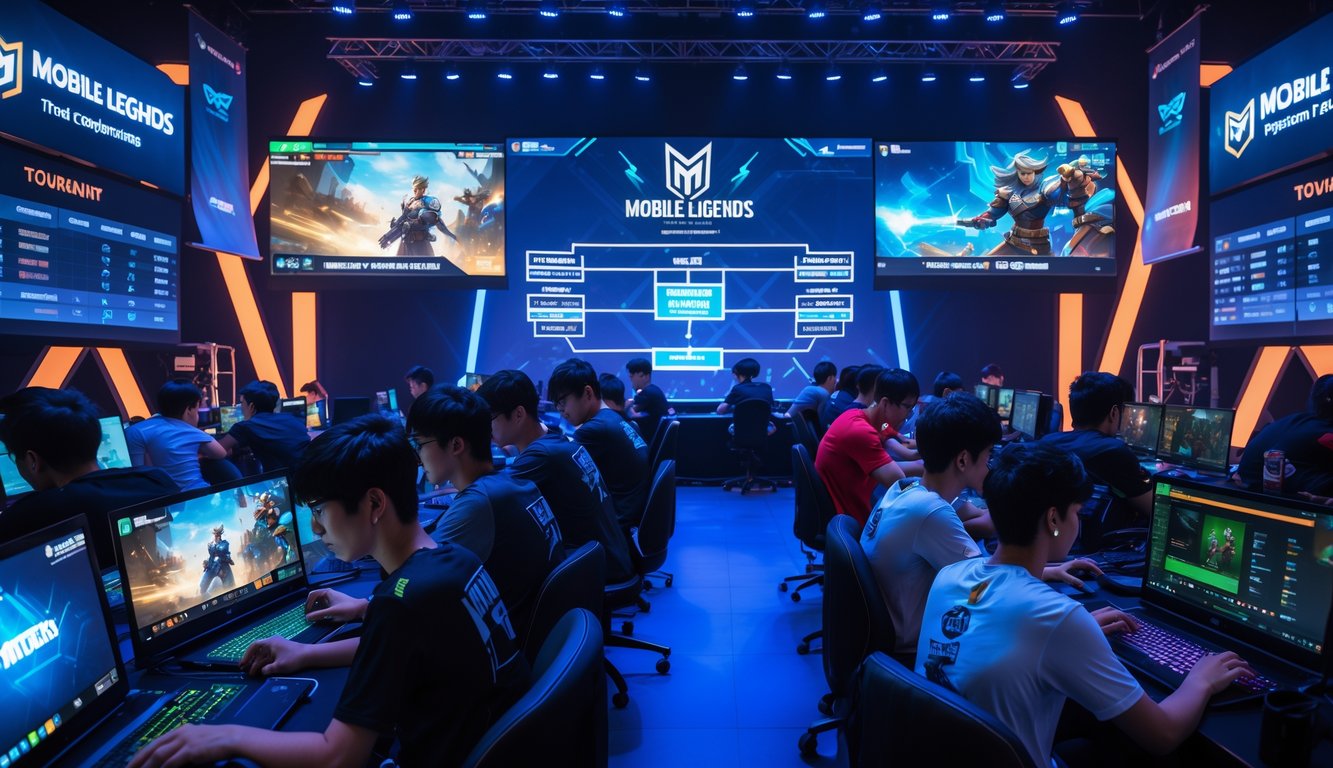 Sejumlah pemain muda sedang bermain Mobile Legends di turnamen dengan layar besar menampilkan permainan dan jadwal turnamen.