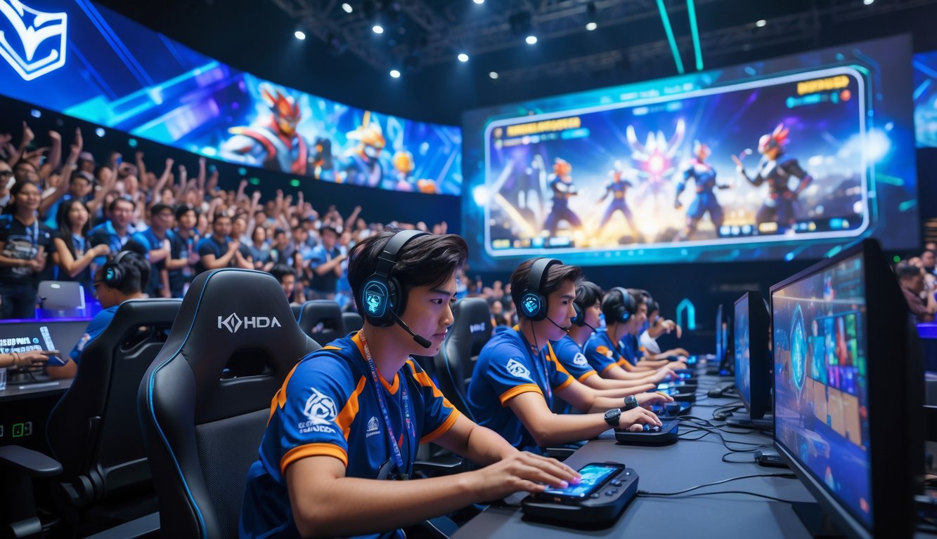 Sejumlah pemain Mobile Legends sedang bertanding di arena esports dengan penonton yang antusias dan layar besar menampilkan permainan.