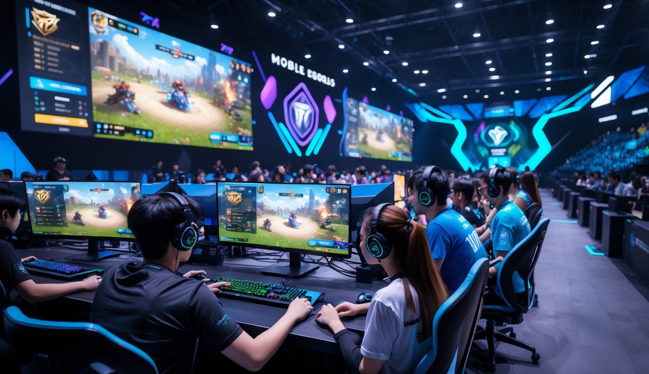 Suasana turnamen Mobile Legends dengan pemain fokus bermain di arena game yang ramai dan penonton antusias menyaksikan pertandingan.