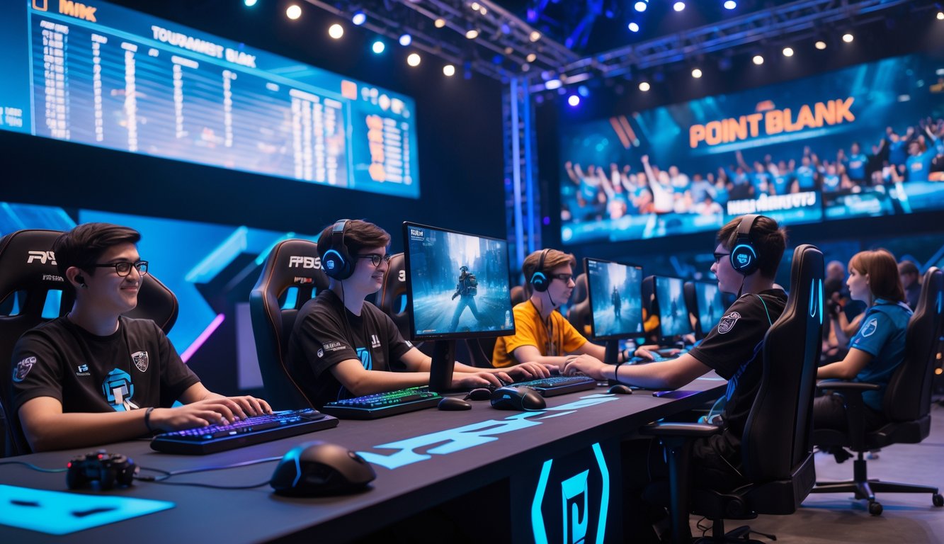 Sejumlah pemain muda sedang bermain turnamen esports Point Blank dengan komputer dan layar besar di depan mereka, dikelilingi oleh lampu warna-warni dan penonton di latar belakang.
