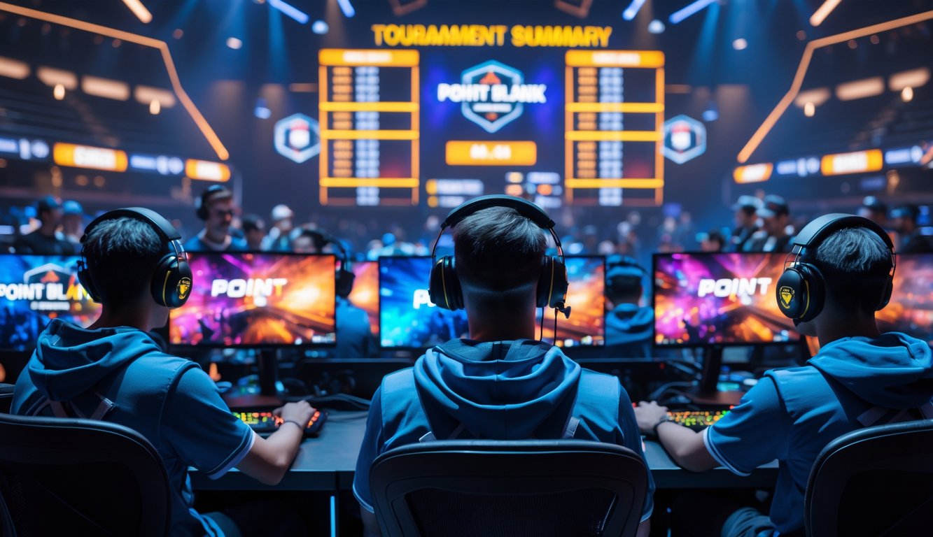 Sejumlah pemain esports sedang fokus bermain game Point Blank di arena turnamen dengan layar komputer dan penonton di latar belakang.