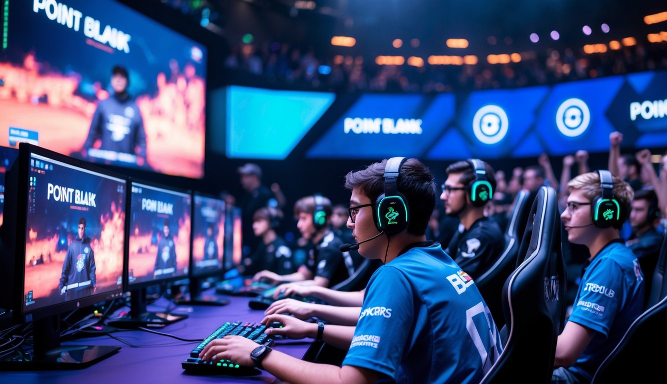 Sejumlah gamer fokus bermain di arena esports dengan layar besar menampilkan visual permainan dan penonton di latar belakang.