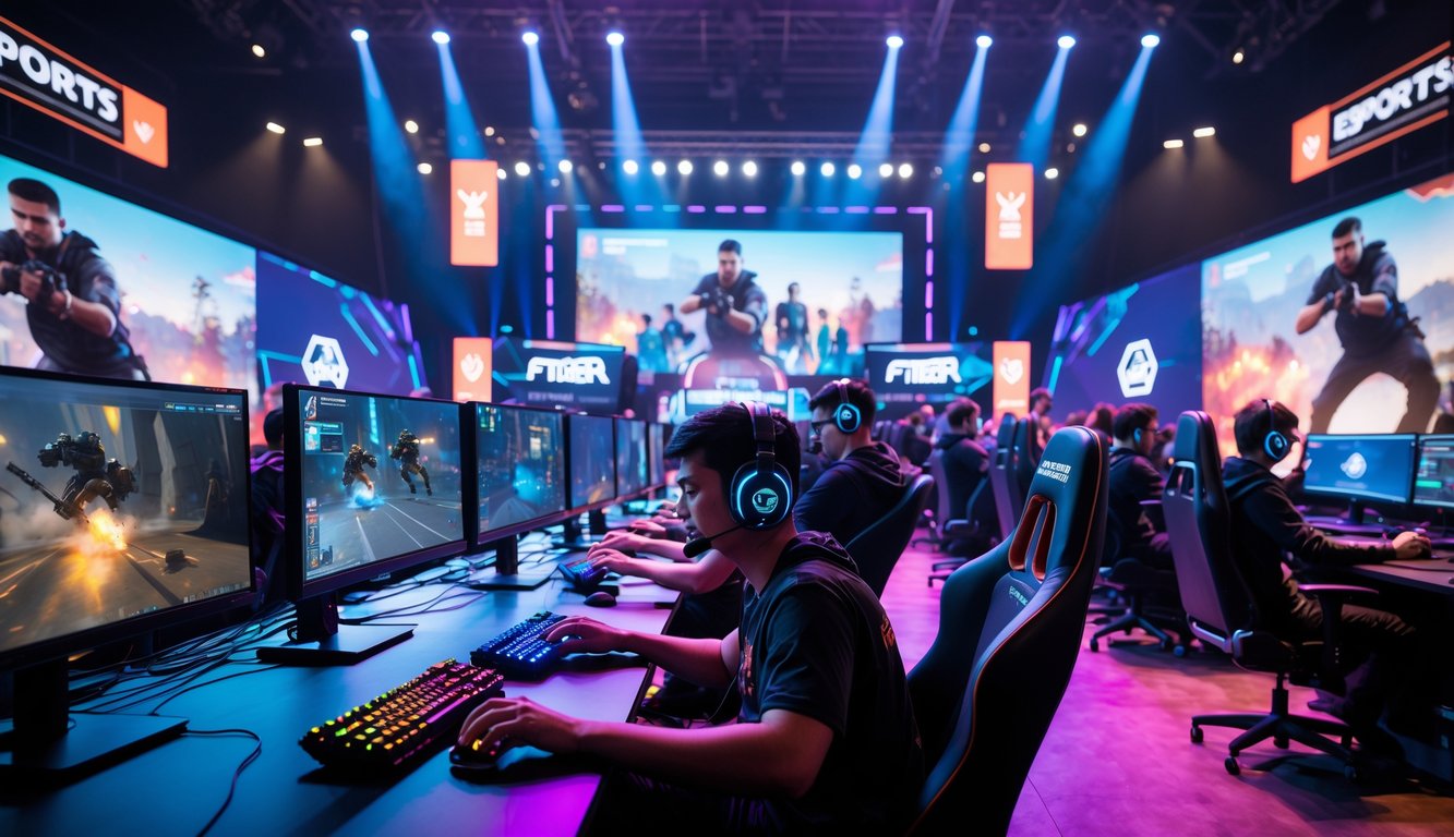 Suasana turnamen esports Point Blank dengan para gamer bermain di komputer dalam arena yang ramai dan penonton bersorak.