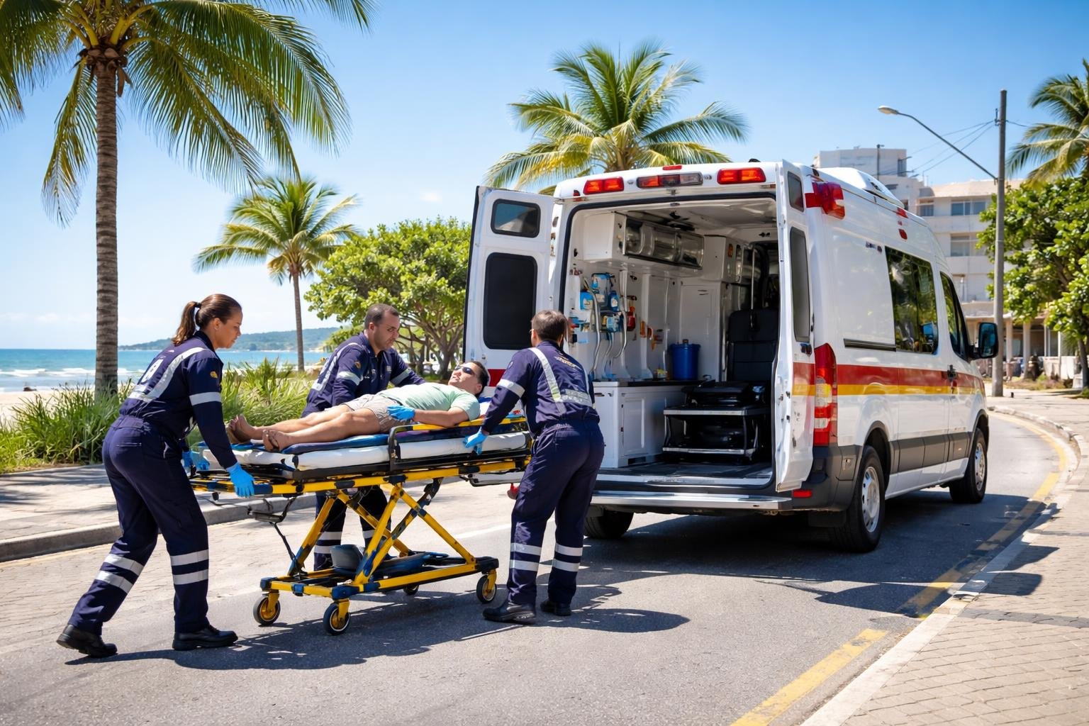 Ambulância estacionada em uma rua de Matinhos com paramédicos atendendo um paciente em uma maca.