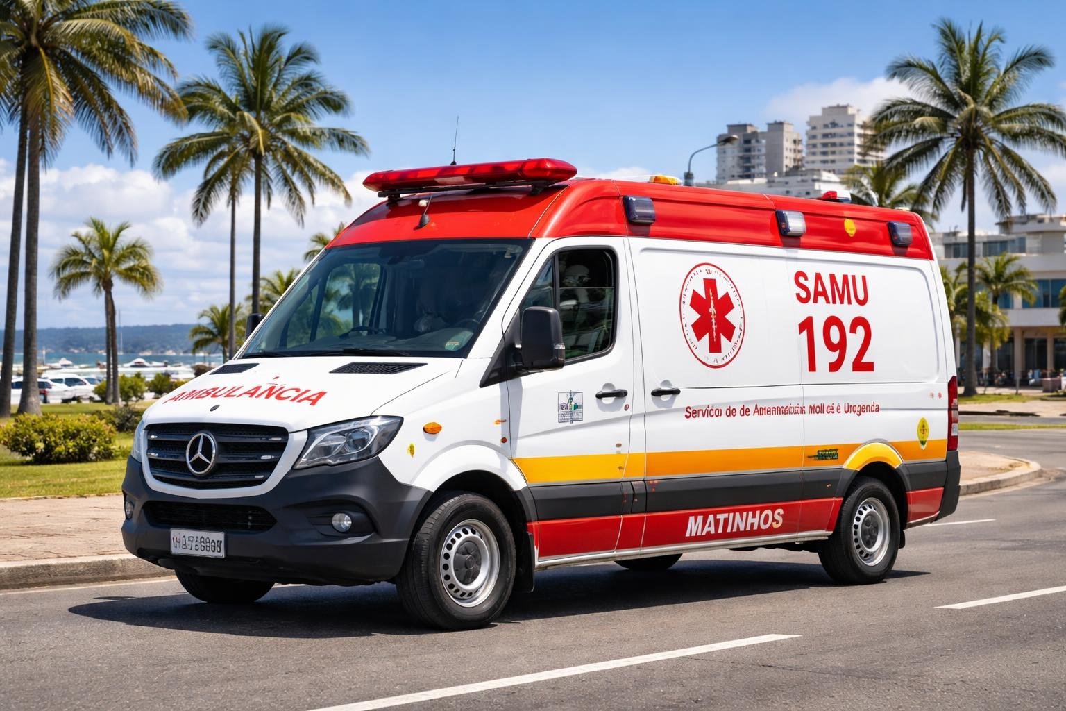 Ambulância moderna estacionada em uma área urbana de Matinhos, com árvores e edifícios ao fundo.