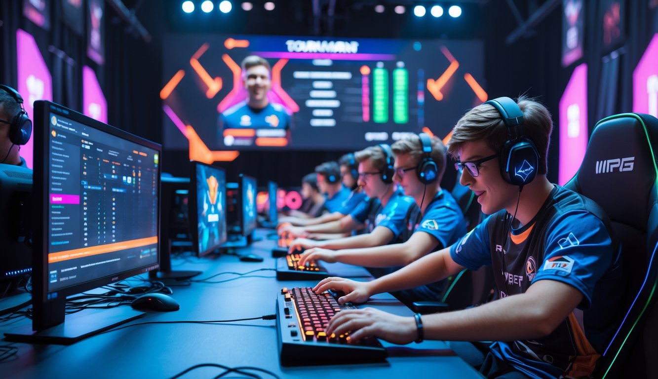 Sekelompok orang muda bermain video game kompetitif di arena esports dengan layar besar menampilkan jadwal turnamen di latar belakang.