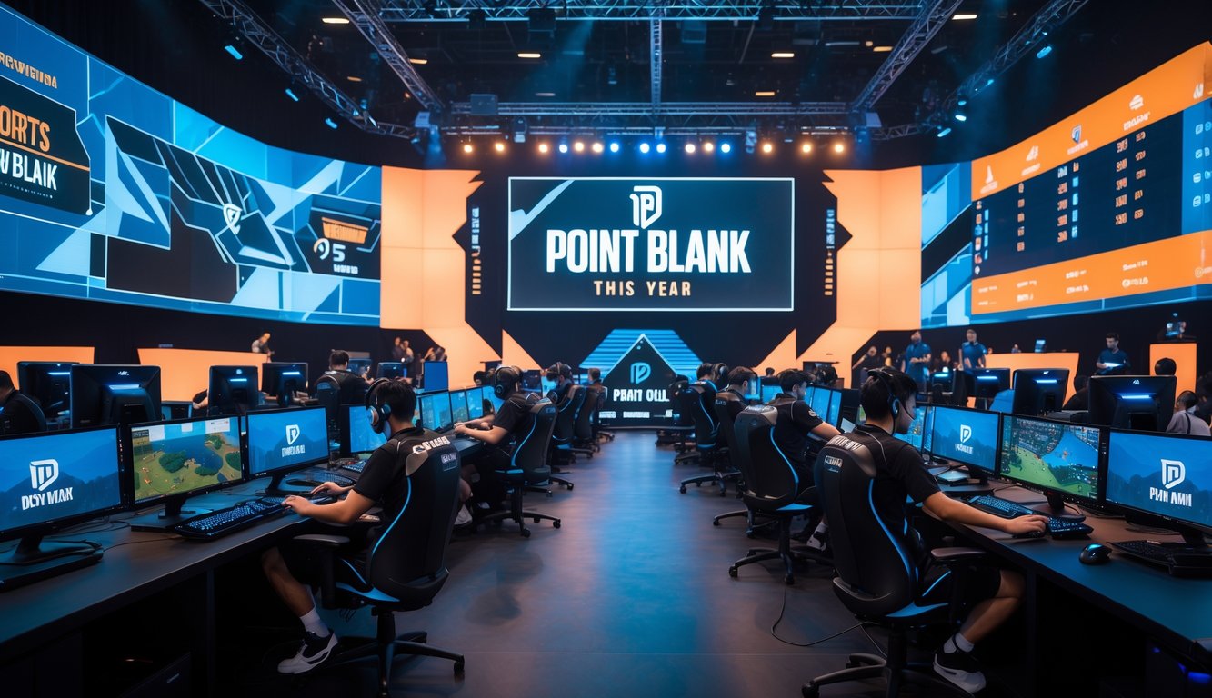 Suasana turnamen esports Point Blank dengan pemain bermain di komputer dalam arena yang terang dan penuh semangat.