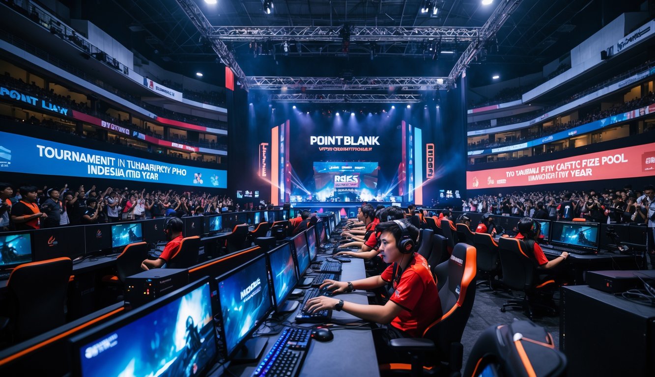 Suasana turnamen esports Point Blank di Indonesia dengan pemain dan penonton yang antusias di arena besar.
