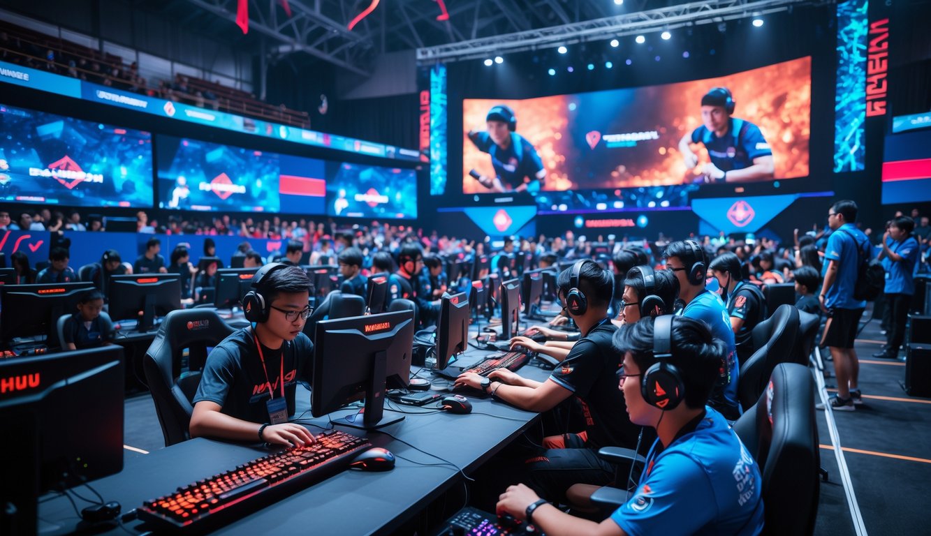 Para pemain esports dan penonton antusias di arena turnamen Point Blank di Indonesia dengan pencahayaan warna-warni dan suasana kompetitif.