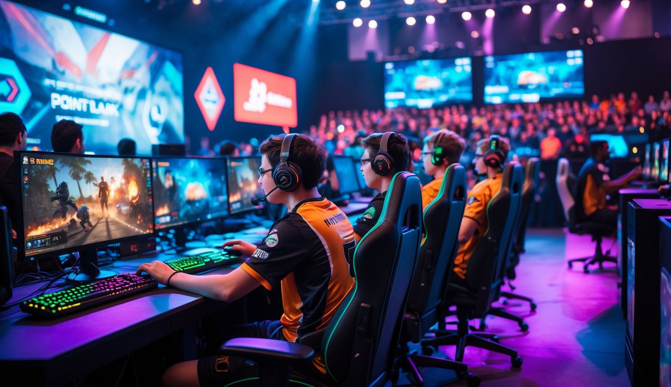 Suasana turnamen esports Point Blank dengan pemain pemula hingga pro yang sedang bermain di depan komputer dalam ruangan kompetisi penuh semangat.