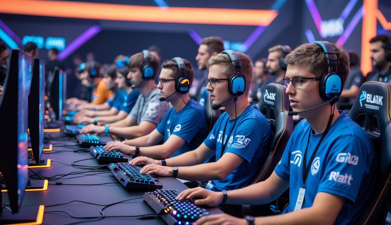 Sejumlah pemain esports sedang bermain game Point Blank di arena turnamen dengan penonton dan pelatih memperhatikan.