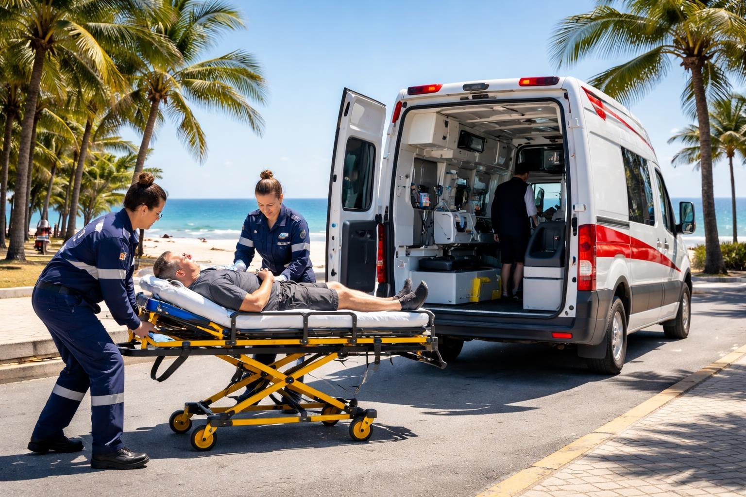 Uma ambulância estacionada perto da praia em Caiobá, com paramédicos atendendo um paciente em uma maca sob céu azul e palmeiras ao fundo.