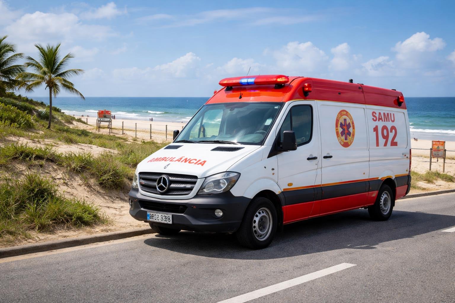 Ambulância estacionada próxima à praia de Caiobá, com o mar e dunas ao fundo.