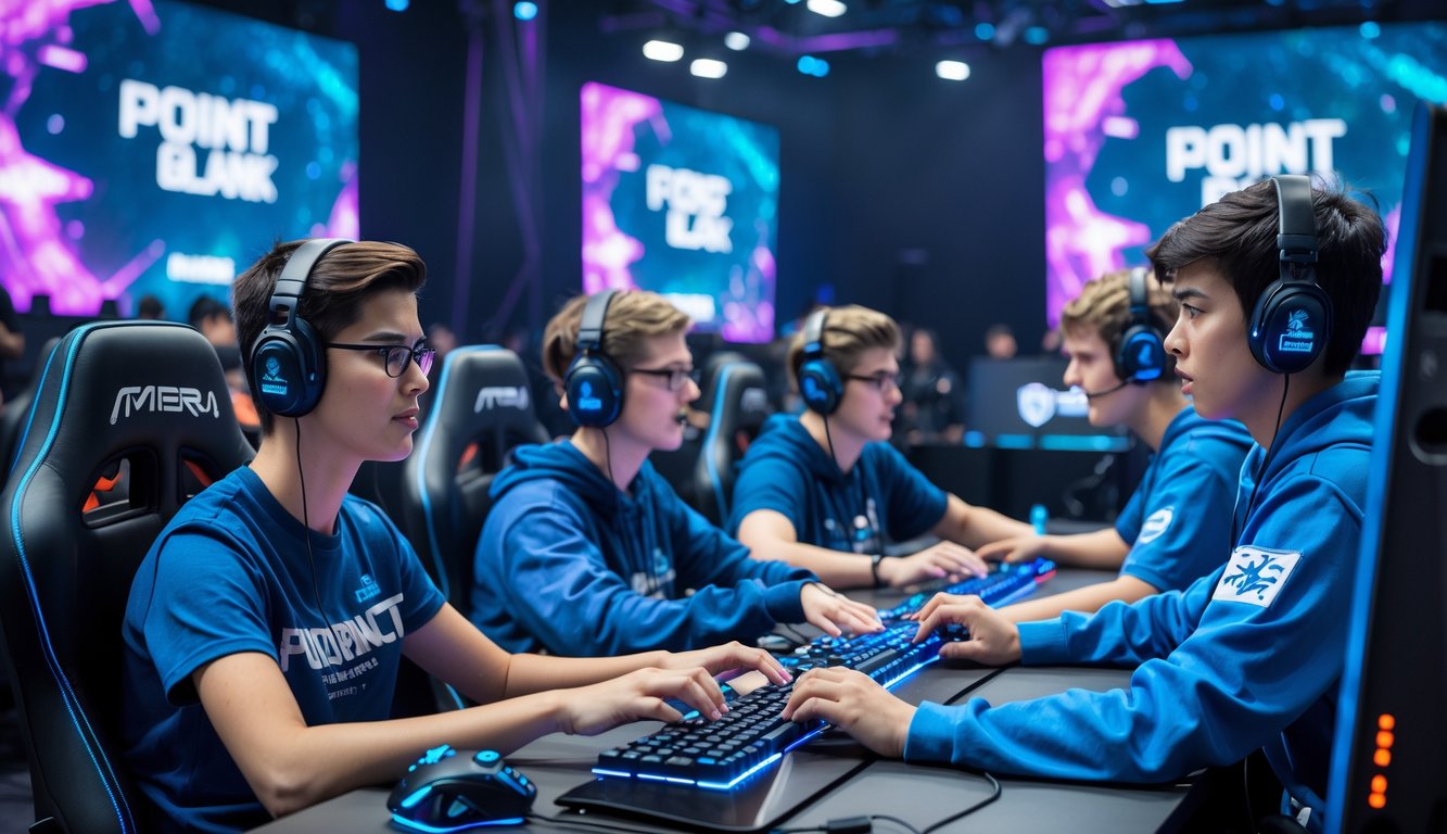 Sekelompok pemain esports muda sedang bermain game Point Blank dengan serius di arena gaming modern, fokus pada kerja sama dan strategi tim.