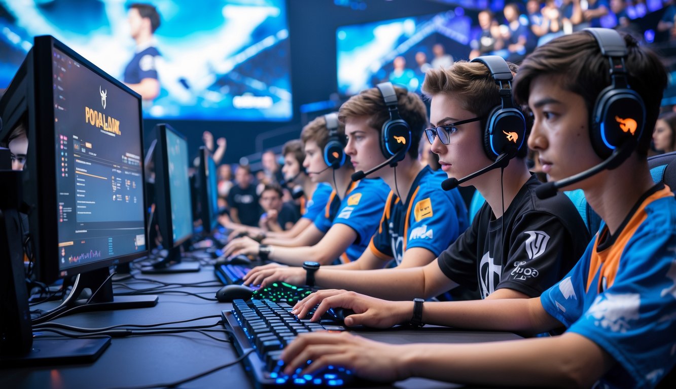 Tim pemain esports sedang fokus bermain Point Blank dalam sebuah turnamen dengan peralatan gaming dan layar besar di latar belakang.